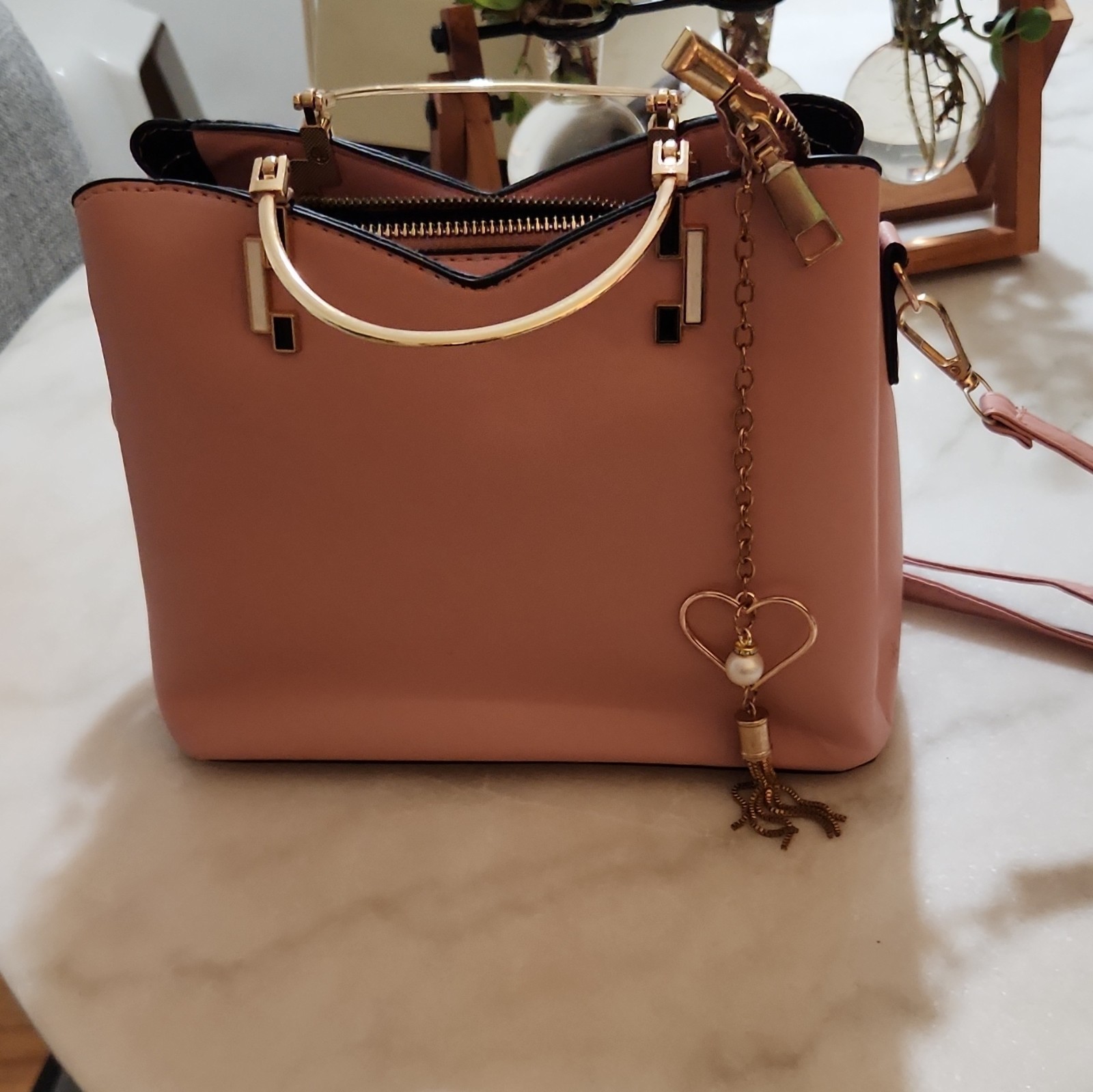 ZZMY Pink & Gray Colorblock Satchel Top Handle Zip Crossbody Strap Charm