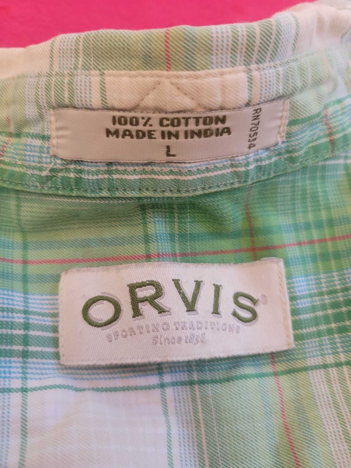 Orvis Green White Cotton Plaid Short Sleeve Button-Up Button-Down Collar L