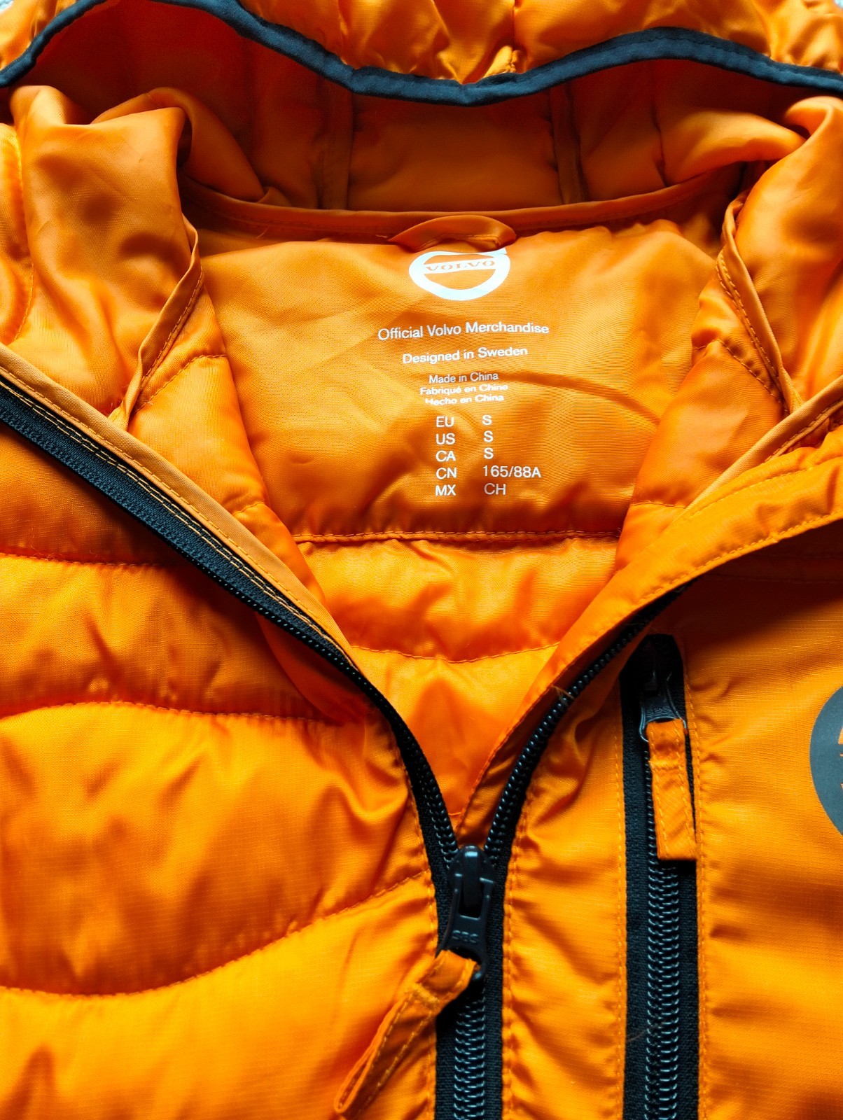 Volvo Official Merchandise Puffer Jacket Orange Hooded Coat Size S Sweden