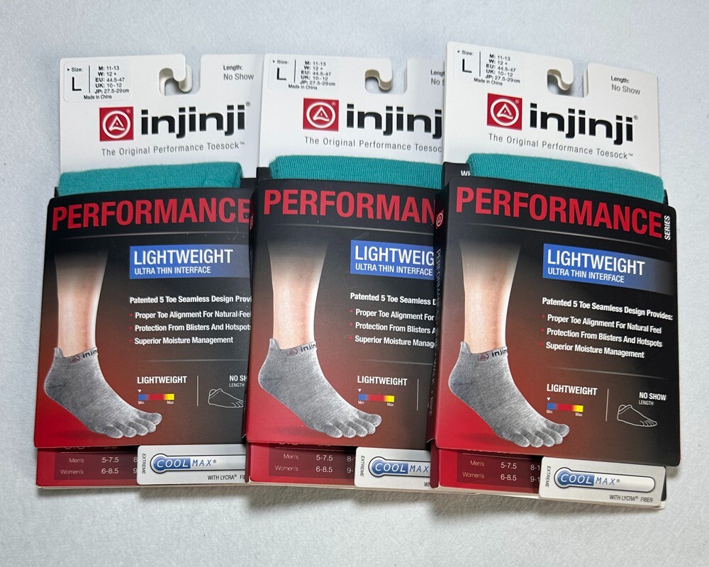 injinji 3 pack Women’s No Show Socks 5 Toe Lightweight running Size L 12+ Cyan