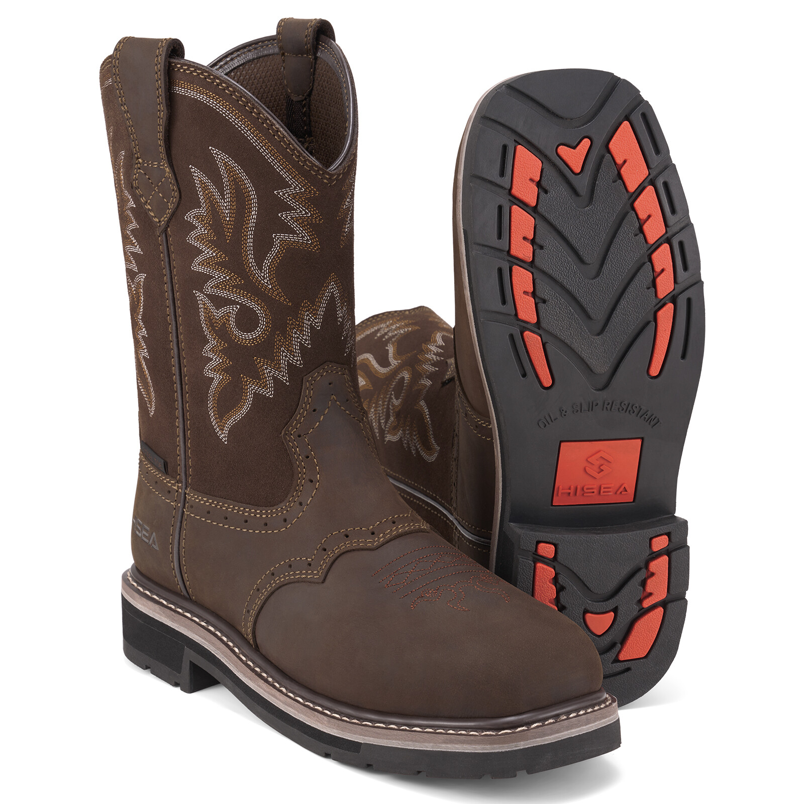 HISEA Men Grain Leather Western Cowboy Boots Steel/Soft Toe Waterproof Work Boot