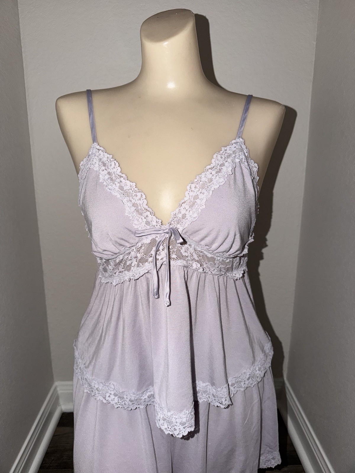 Victoria’s Secret Purple Lace Trim Babydoll Pajama Set V-Neck L Adjustable