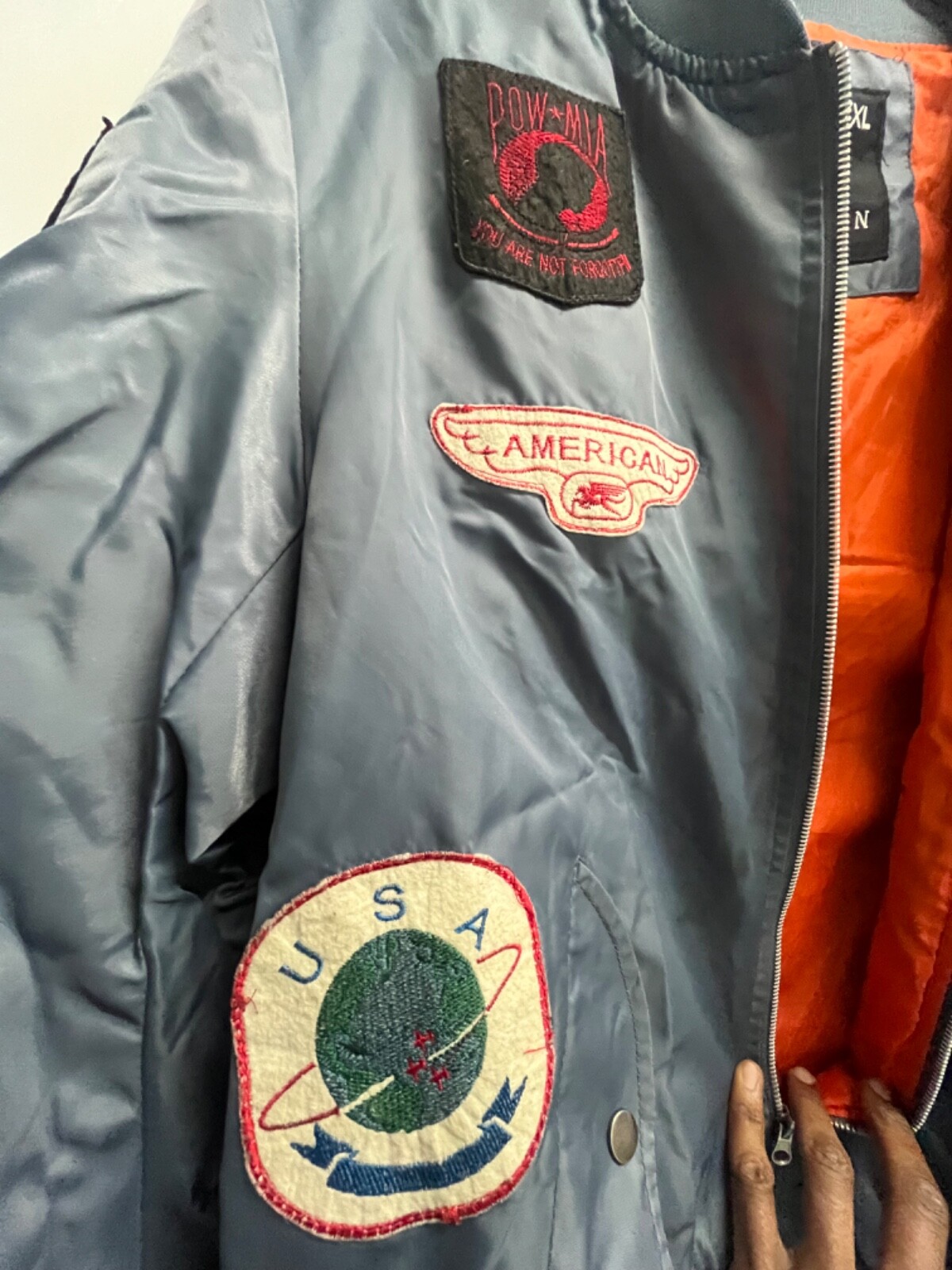 American Stitch, Gray Bomber Jacket Size 2x Patches All POW MIA Flight Zip A1.35