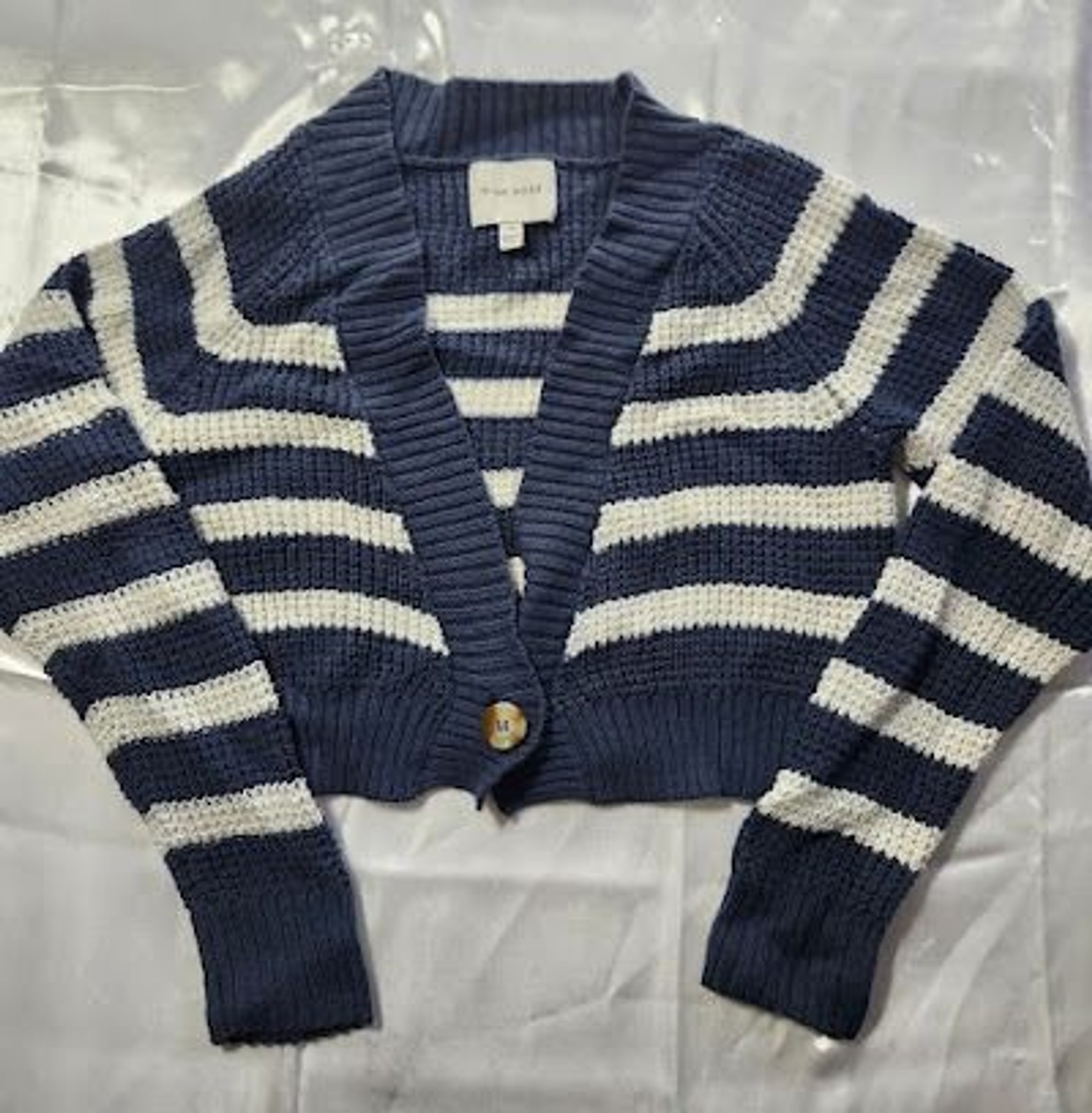 Pink Rose Striped Cropped Cardigan Sweater Small S Blue White Knit Button #202