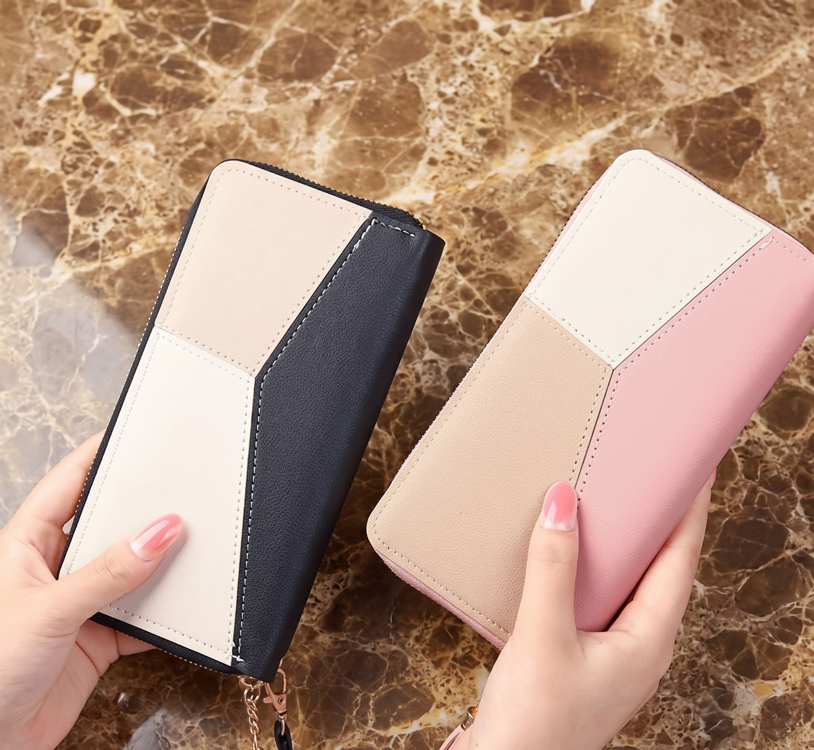 Women’s Zip Around Wallet Color block Clutch Wristlet Purse with Tassel Charm