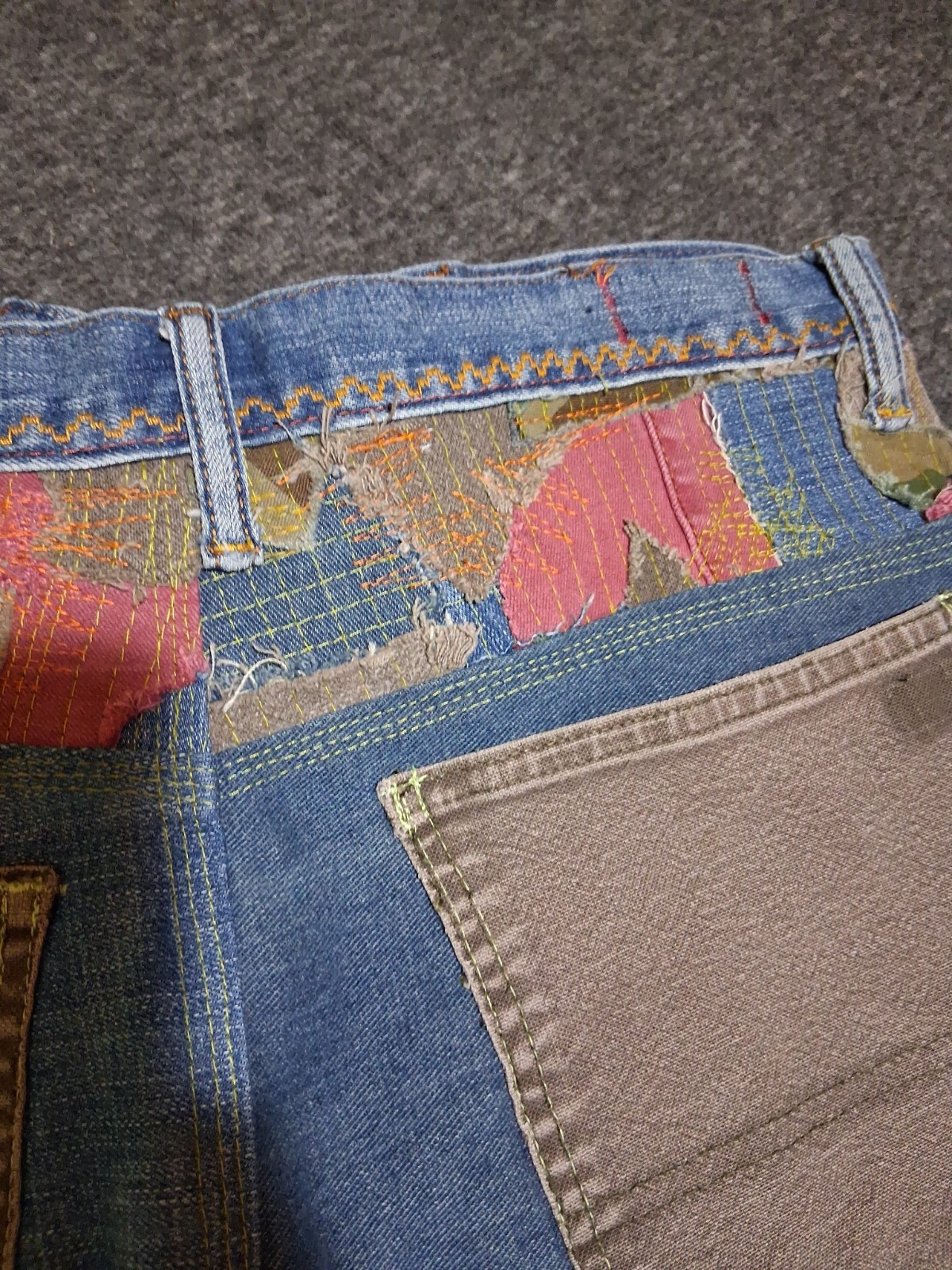 Handmade Patchwork Sz 32×28 Jeans StreetWear Distressed Carpenter Dopamine Camo
