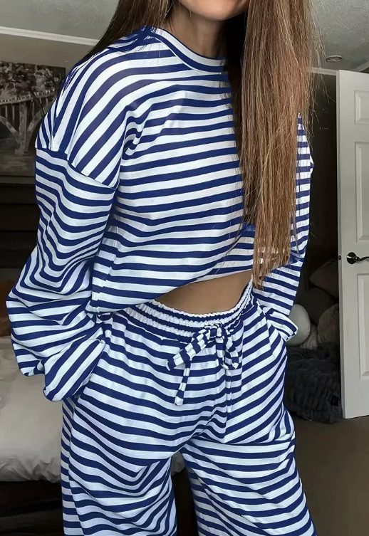 Unisex Striped 2Pcs Lounge Set Long Sleeve Top High Waist Pants