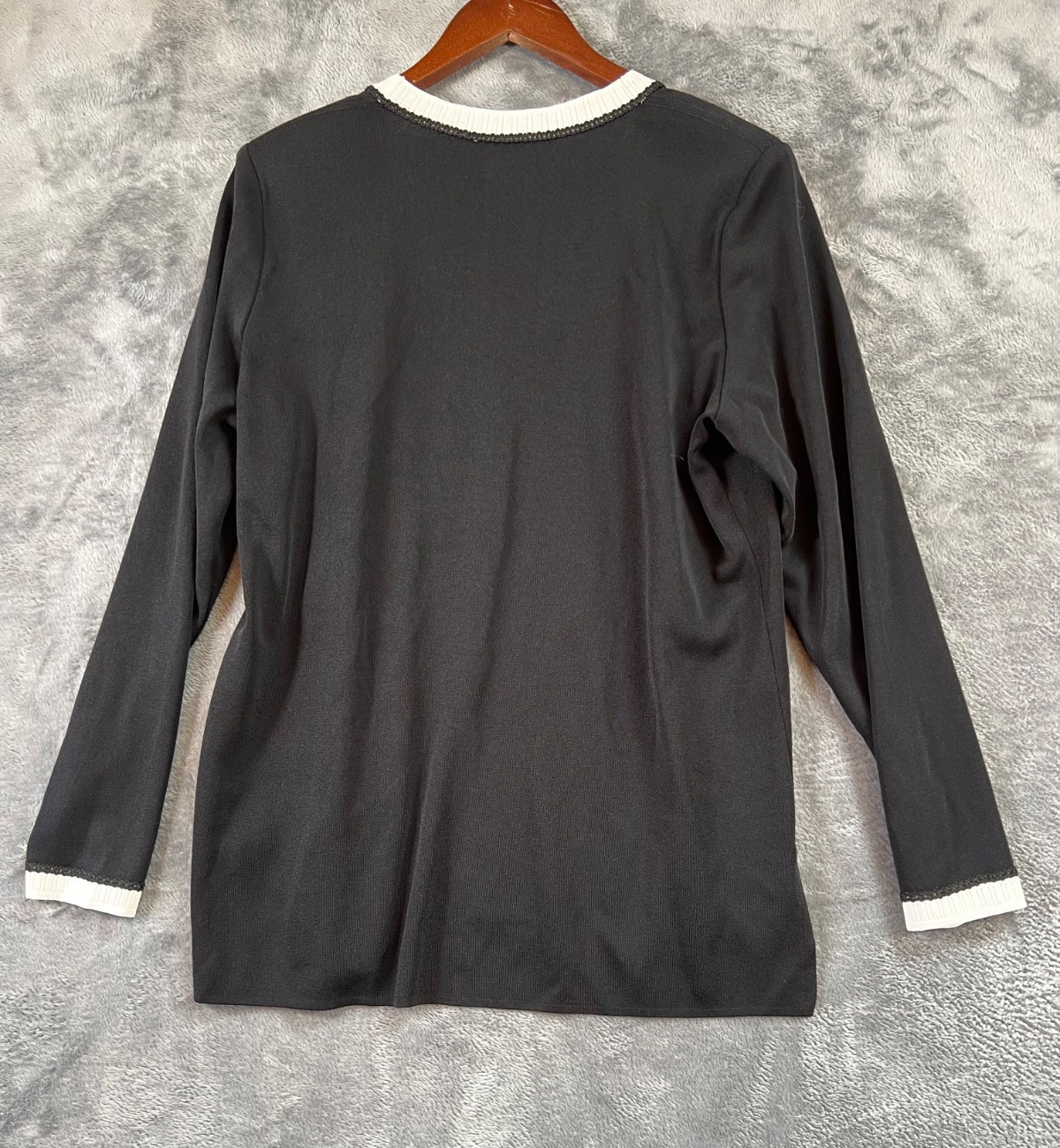Misook Cardigan Womens Medium Black Signature Knit Open Front Contrast Trim