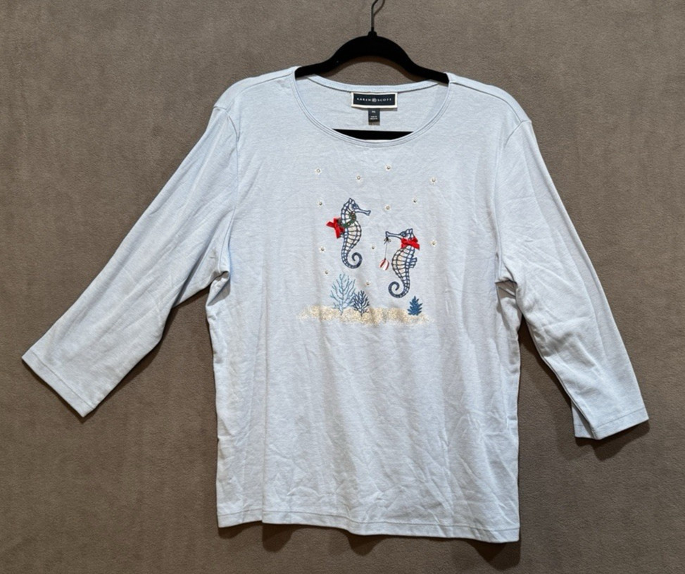 NWT Christmas Whimsy Tee Top Shirt Seahorse PXL Embellished Ocean Coastal Blouse