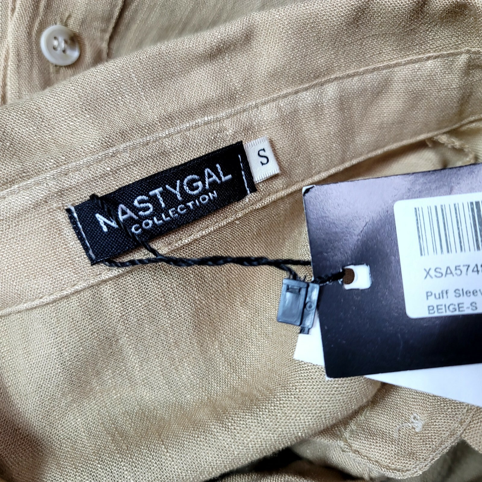 Nasty Gal Size S Beige Puff Sleeve Smock Mini Shirt Dress Button Up Lightweight