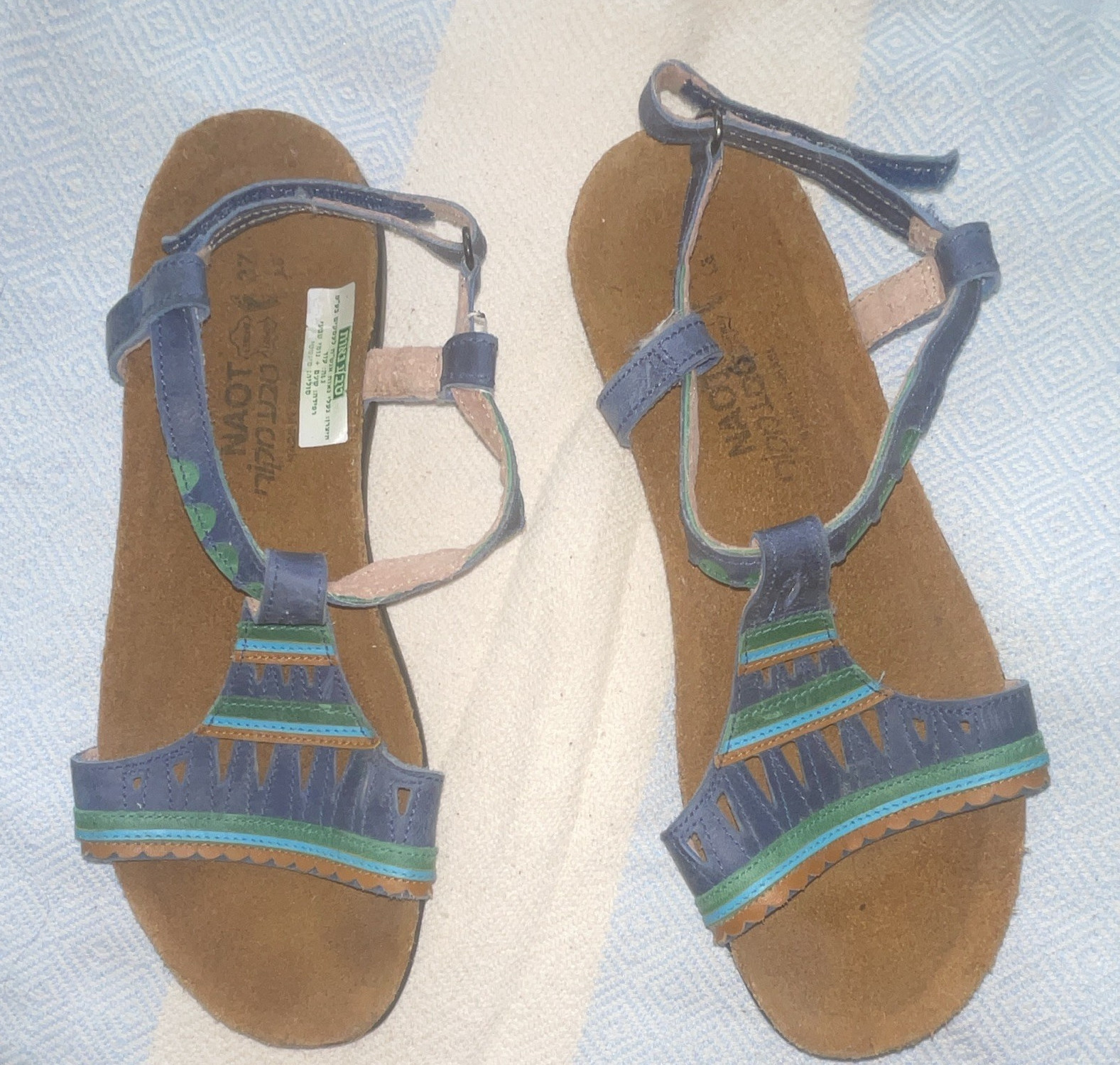 Naot Women’s Strappy Ankle Strap Sandals Leather Geometric Blue/Green/Tan 6