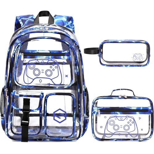 3PCS Cool Luminous Clear Backpack + Lunch Bag + Pencil Case Blue Lightning