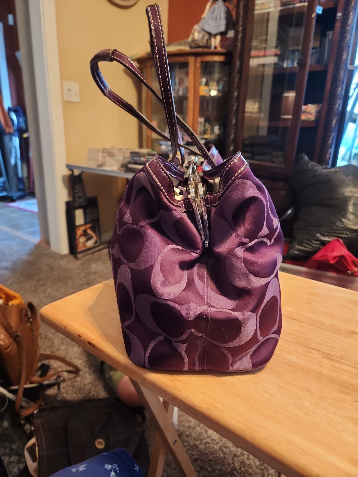 Coach Signature Jacquard Kisslock Tote Bag Purple 20105 Leather Trim