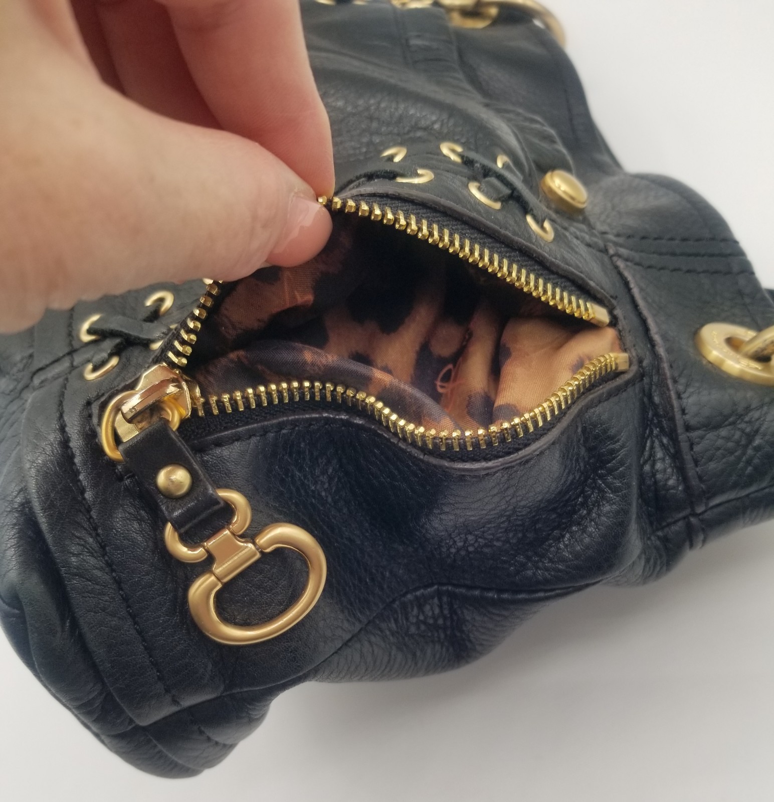 B Makowsky Black Pebble Leather Hobo Bag Gold Hardware Corset Lace Up, Side Zips
