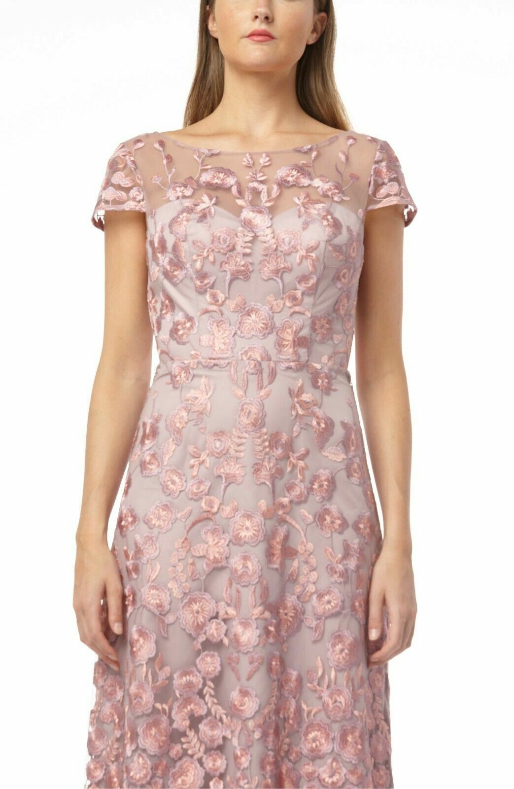 JS COLLECTIONS Pink Floral Embroidered Sheer Illusion Yoke A-Line Maxi Gown 10 M
