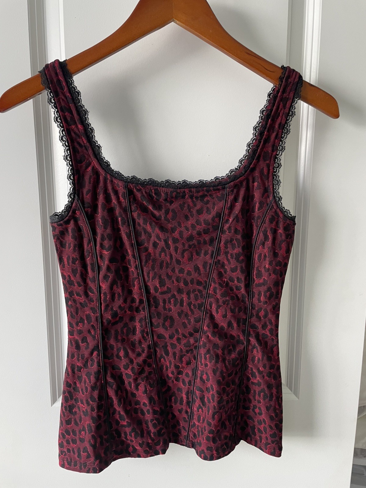 White House Black Market WHBM Black And Dk Red Leopard Print Corset Tank Top XXS