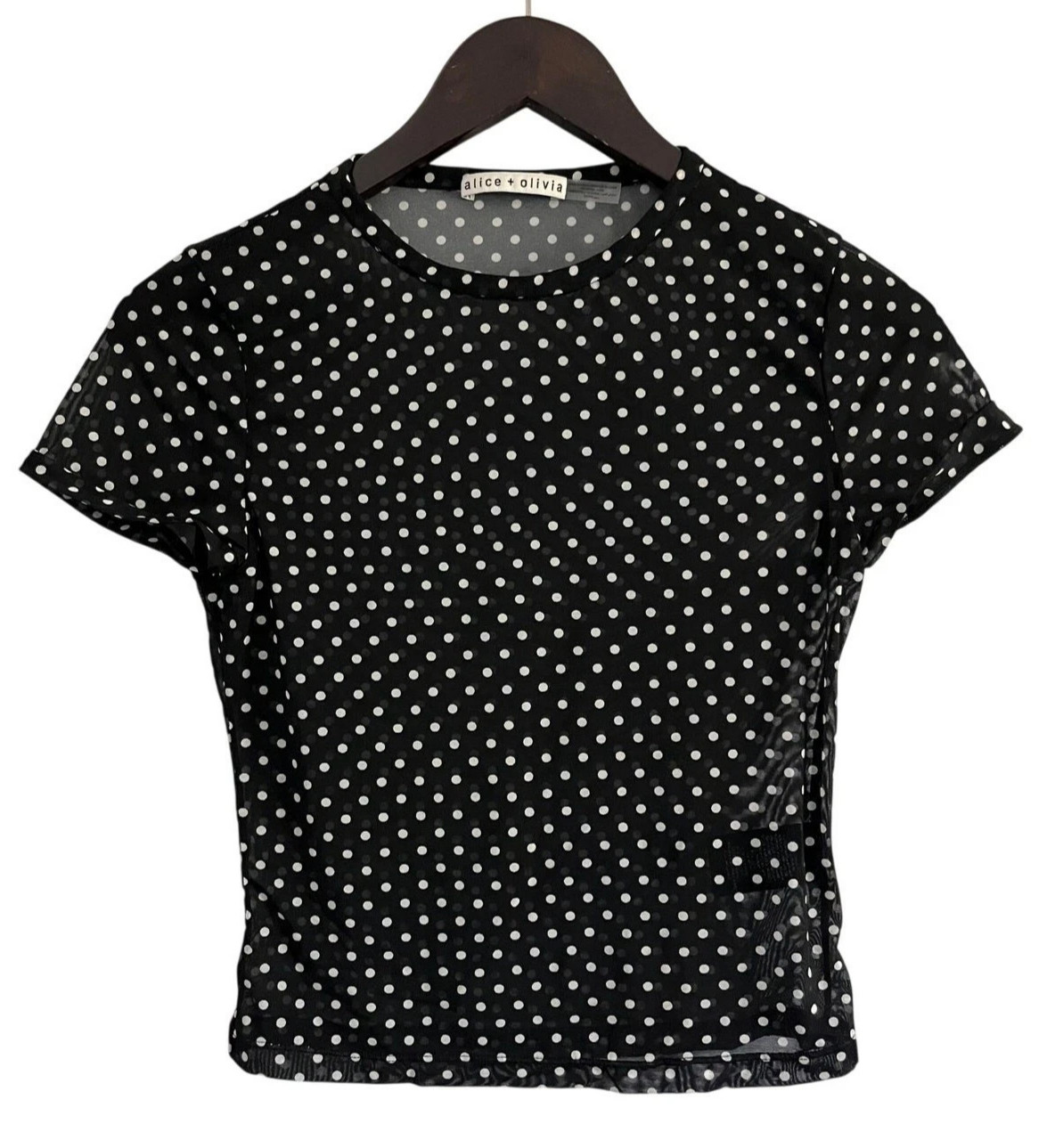 Alice + Olivia Top Tess Tee Polka Dot Mesh Semi Sheer Black White Size S Y2K