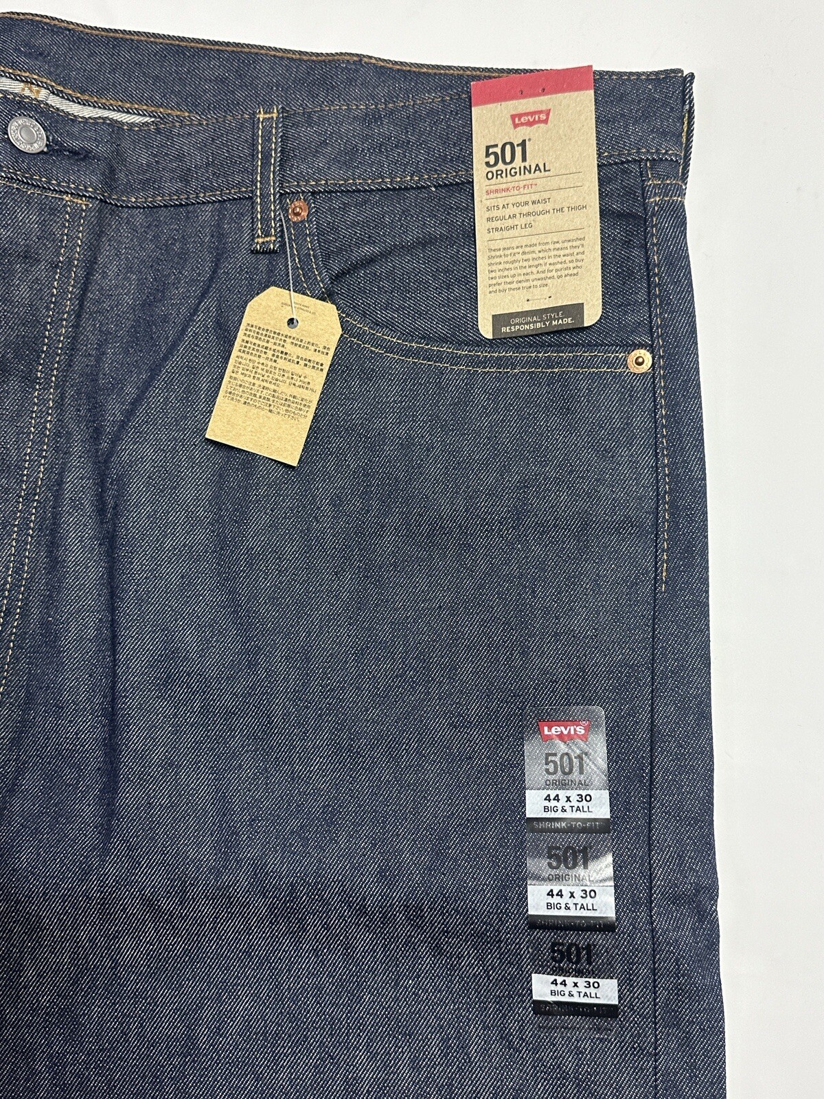 New Levi’s Men’s 501 Shrink-To-Fit Straight Jeans Rigid Blue Big & Tall 44 x 30