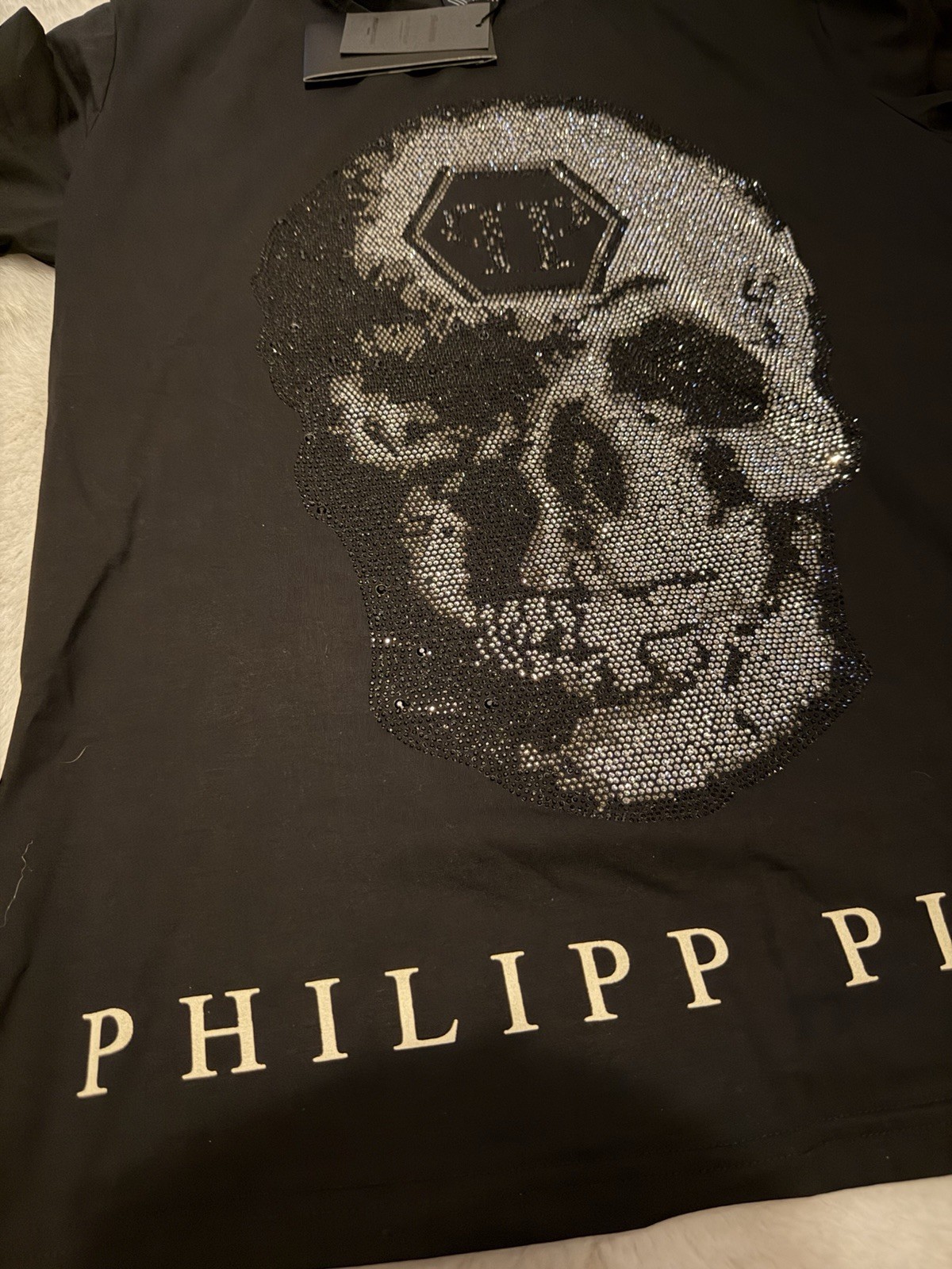 Philipp Plein Skull Rhinestone Logo Black Men’s Short Sleeve T Shirt Size L