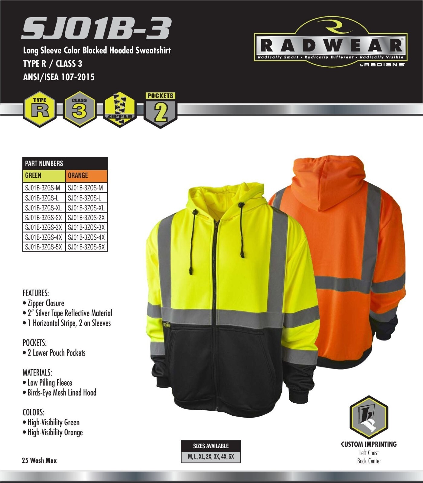 Hi Vis ANSI Class 3 Lime Safety Black Bottom Zip Up Fleece Hooded Sweatshirt