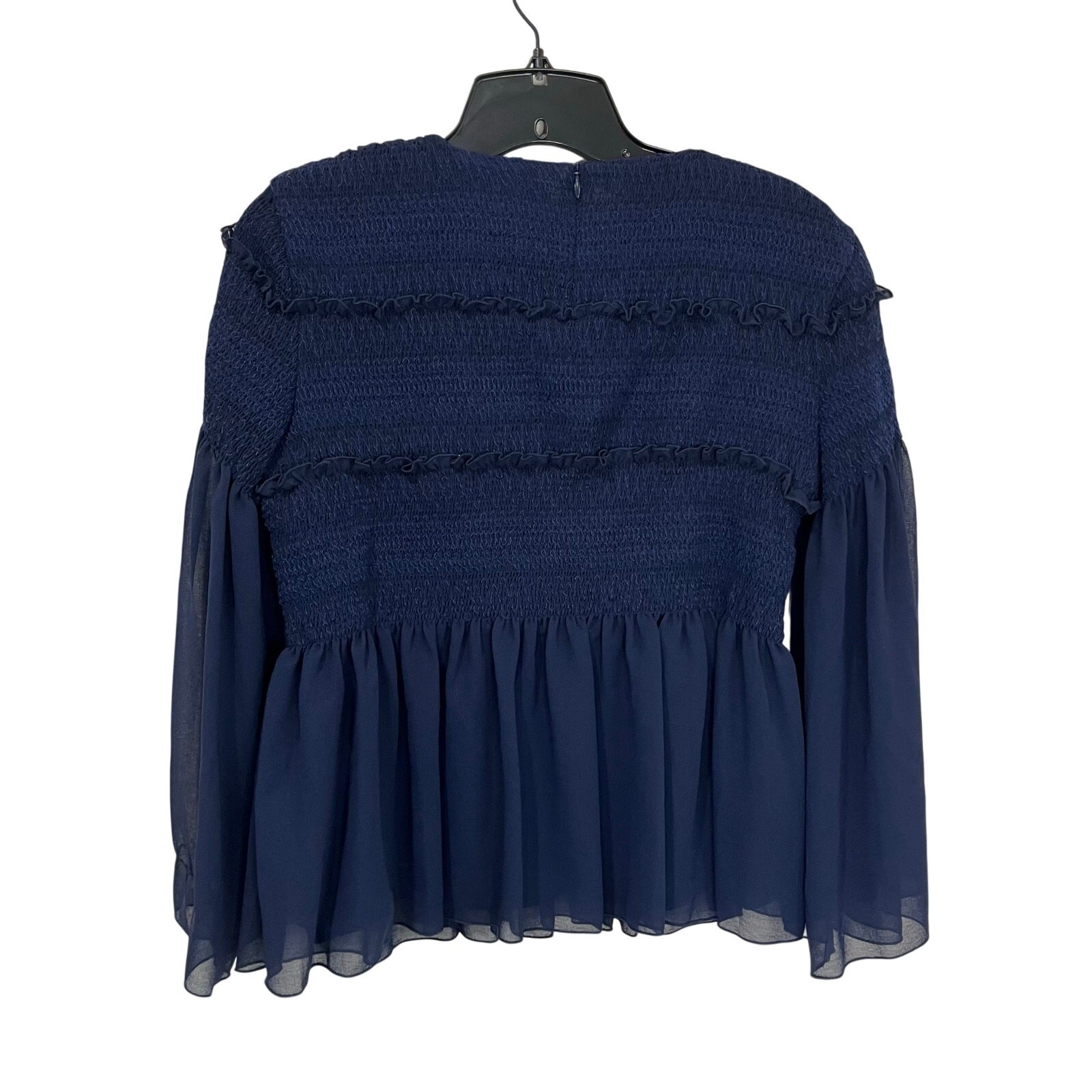 See By Chloe Dark Navy Peasant Top Sheer Sleeves Smocked Bodice Boho Sz 4