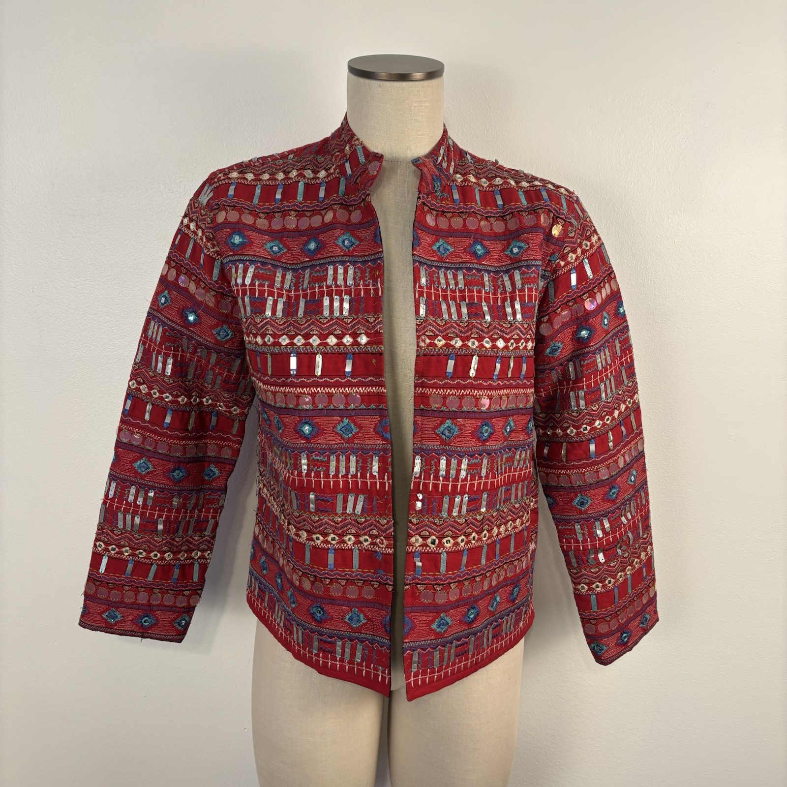 Chico’s Womens Small Jacket Open Front Embroidered & Sequin Accents Art to Wear