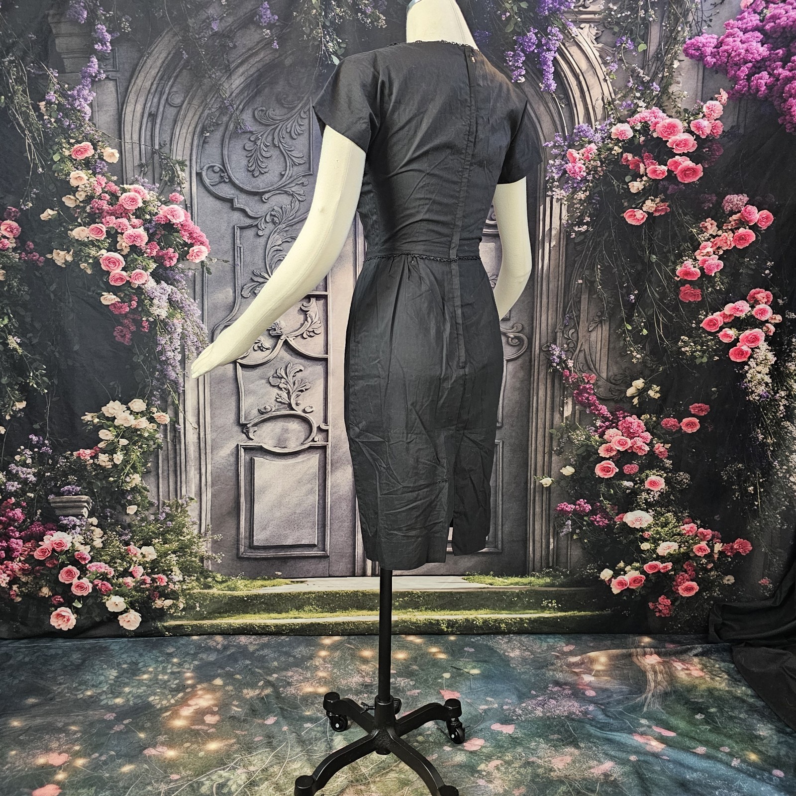 Vintage 1950s Wiggle Dress Fitted Black Polished Cotton Pinup