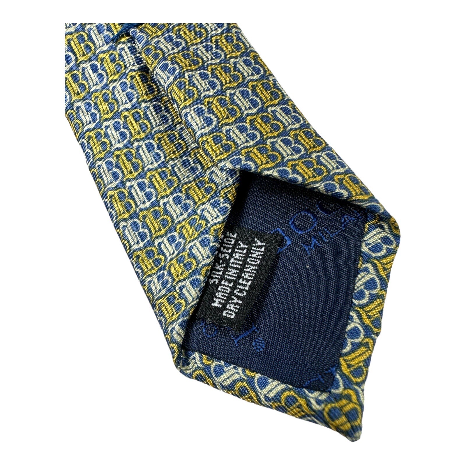 Boggi Milano Blue Yellow Monogram Pure Silk Mens Tie 3.5 Inches