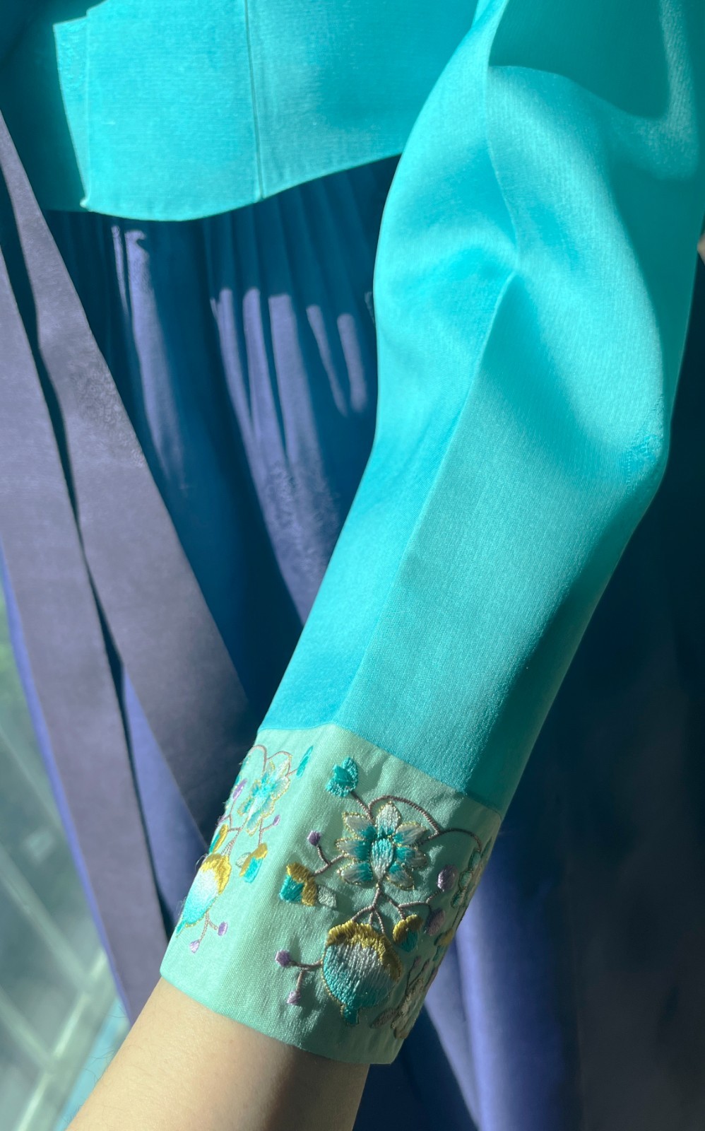 Premium Silk Traditional Korean Hanbok Dress–Mint & Purple / Petticoat /Hand bag