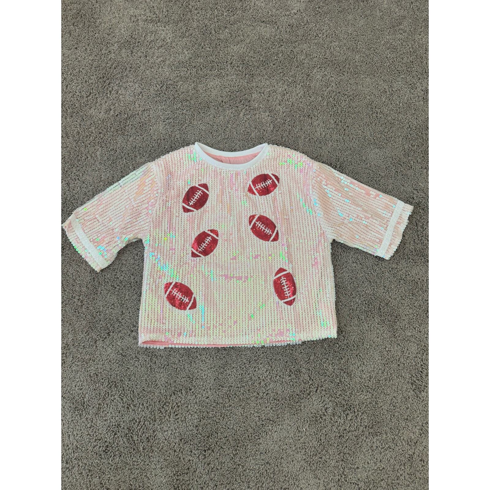 College Game Day Pink Sequin Short Sleeve Shirt Top Womens Size Medium
