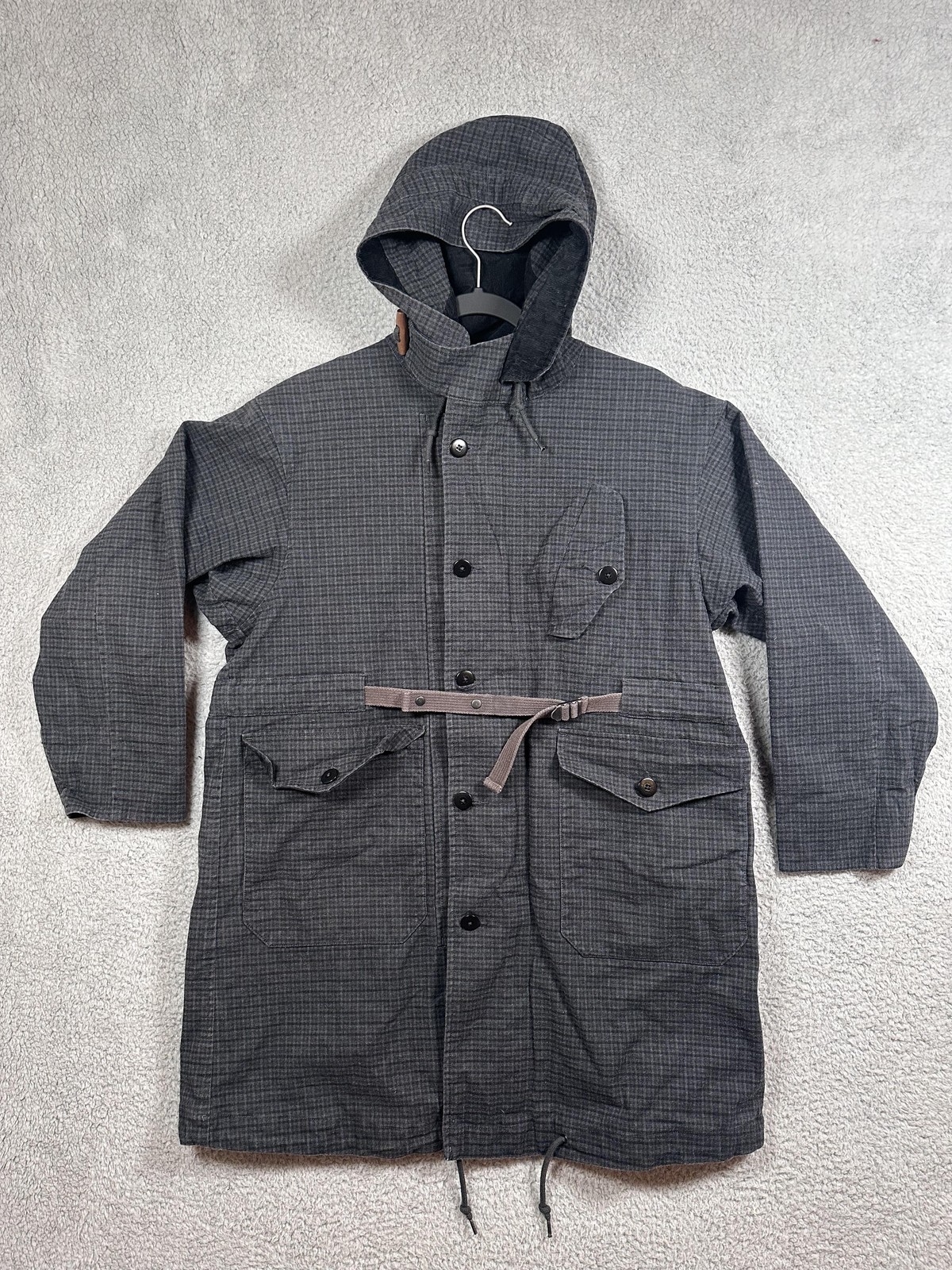 U.Sage Jacket Mens Small Gray Hooded Parka Belted Check Cotton Blend Casual