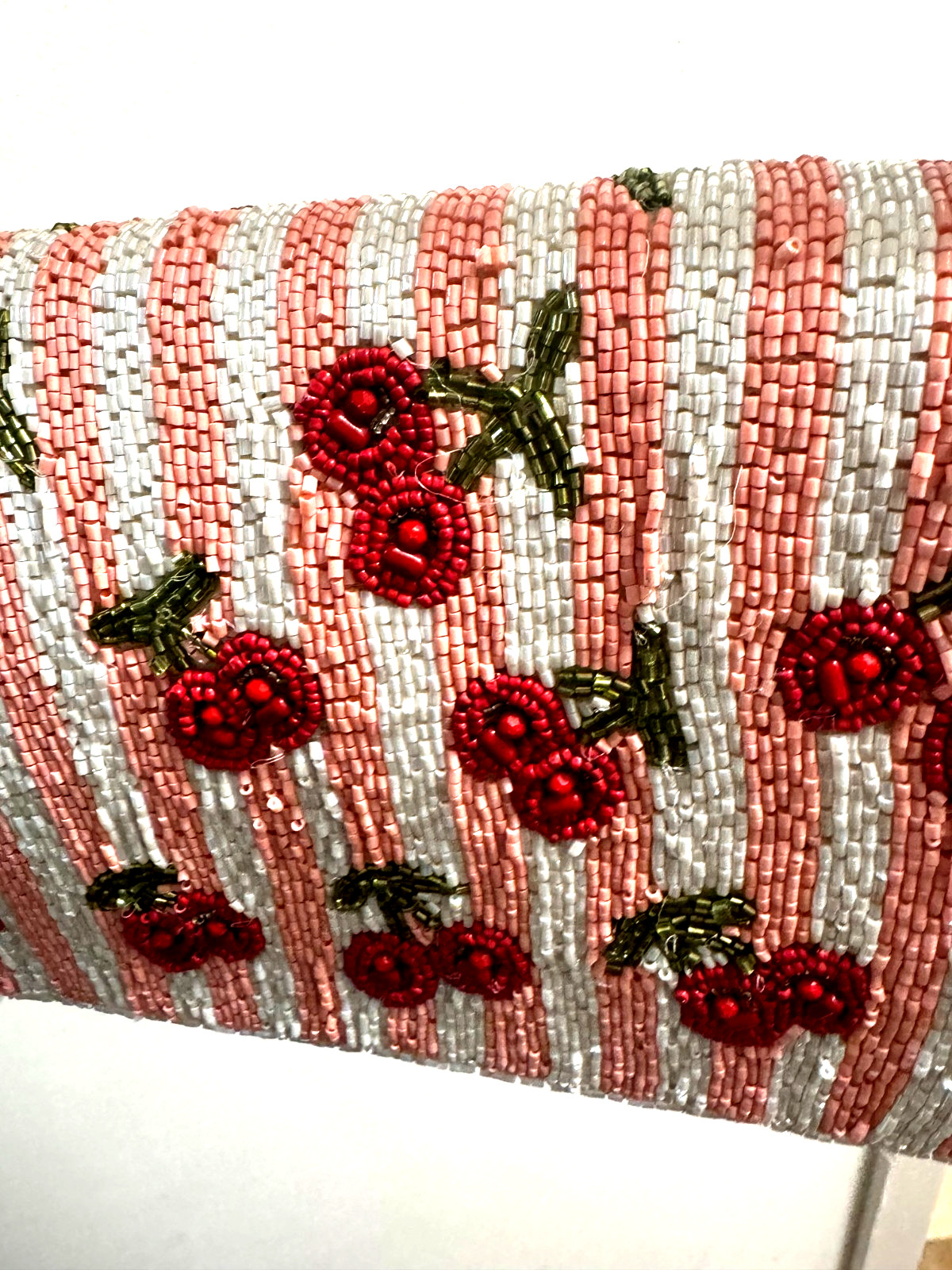 Pink Striped Beaded with Cherry Motif bag made in india