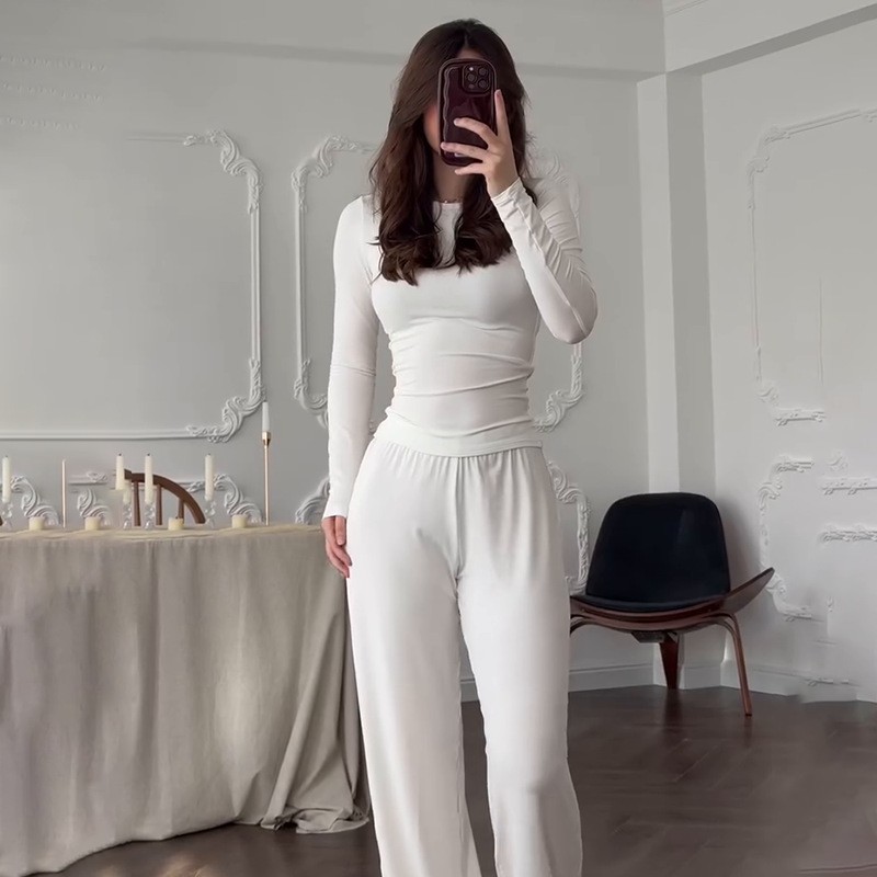 Womens Round-neck Solid-color Top And Wide-leg Pants Set