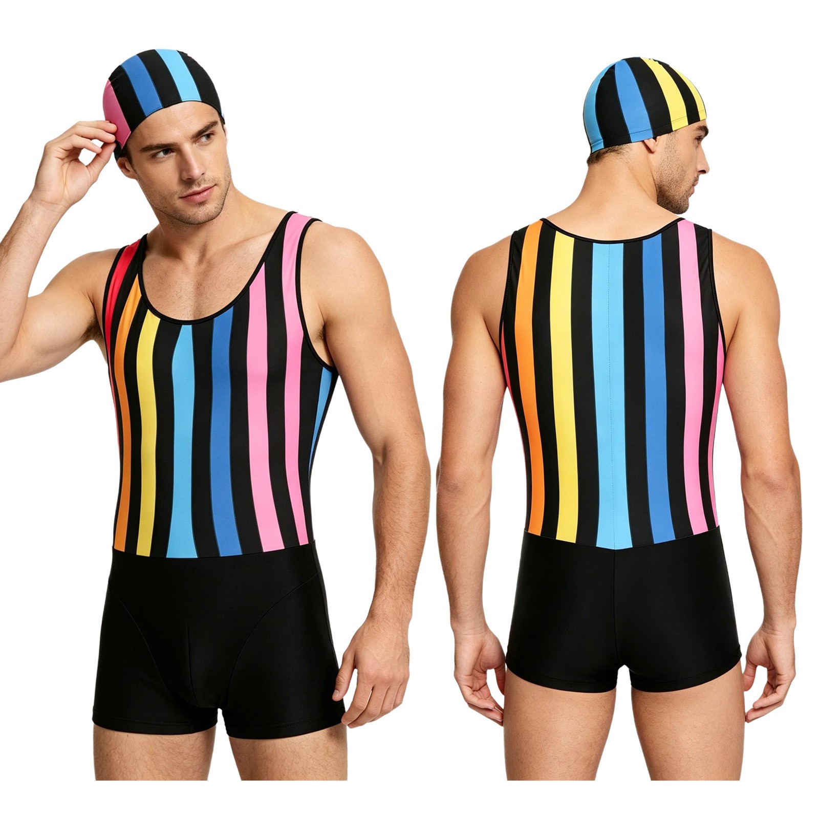 US Mens Sports Swimsuit Beach Striped Swimwear Summer One Piece Surfing Suit