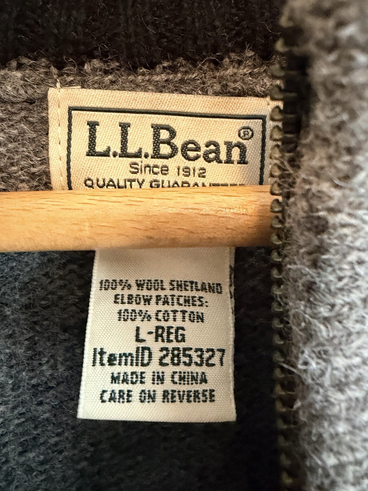 LL Bean 100% Wool Shetland Sweater Mens Large Gray 1/4 Zip Pullover Elbow Patch