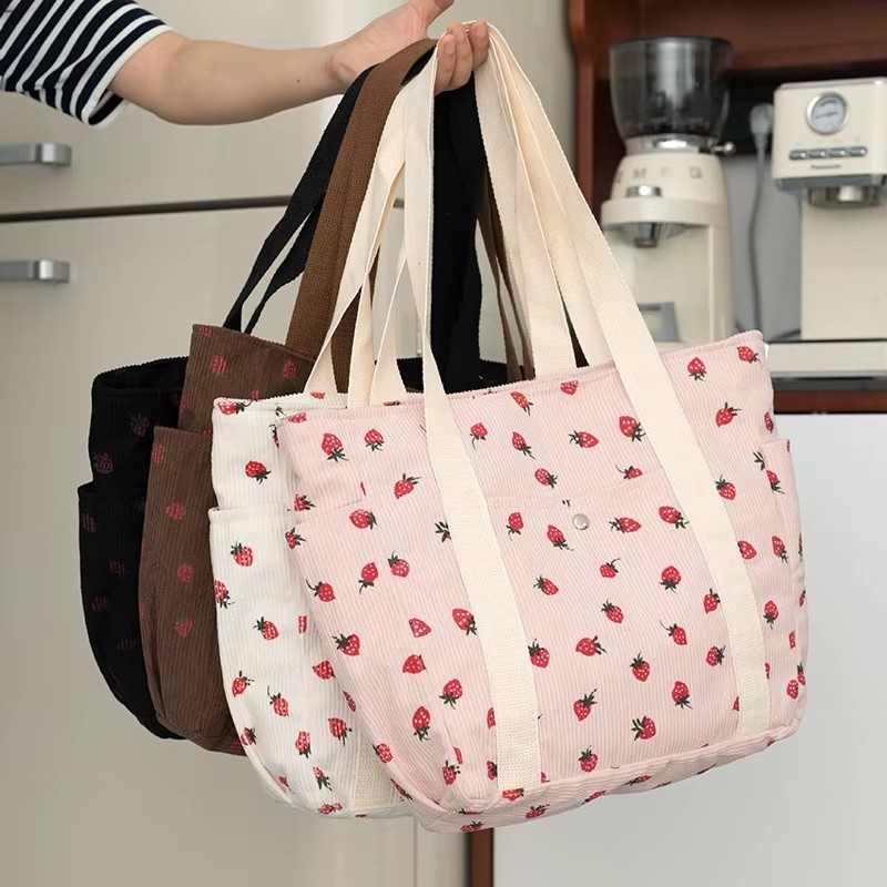 CUTE STRAWBERRY CORDUROY LARGE SHOULDER TOTE BAG WITH ZIPPER FRONT BUTTON POCKET