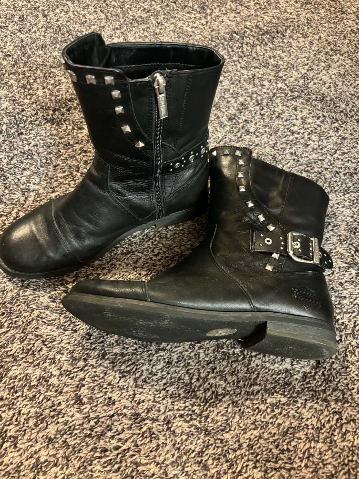Harley-Davidson Men’s Black Leather Mid-Calf Zip Buckle Studded Boots US 9