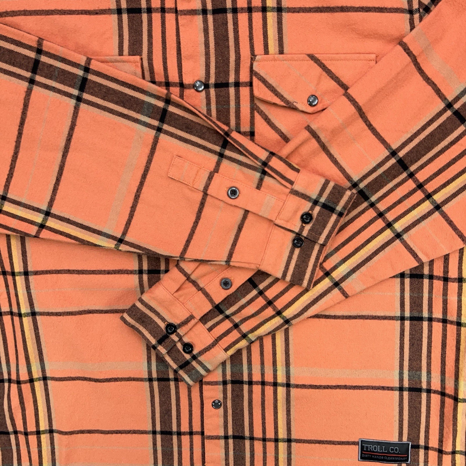 TROLL CO Men’s XL Flannel Shirt Orange Plaid Pearl Snap Street Workwear Utility