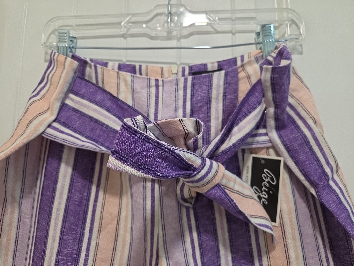 Beige By eci Linen Pants Purple Pink Stripe Size 14 NWT