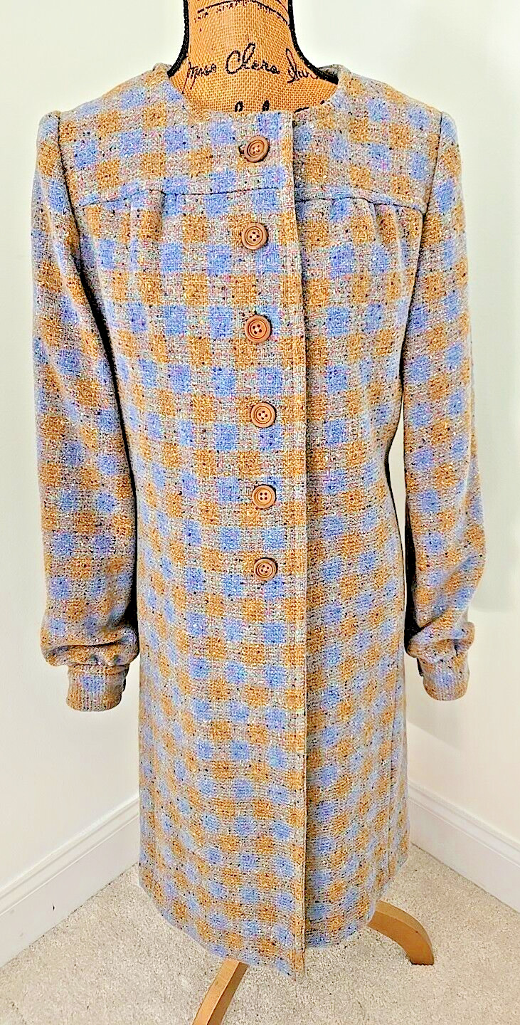 VTG Womens Tweed Overcoat Plaid Check Lined Trench Coat Long Blue and Tan