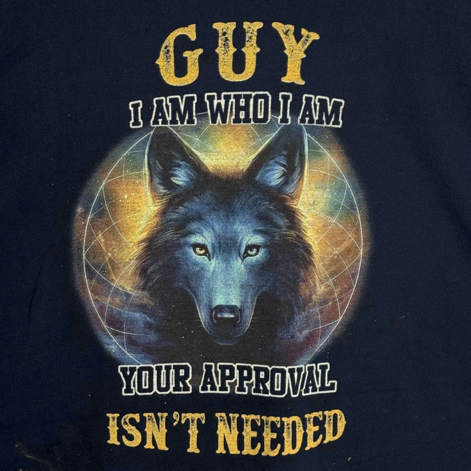 Navy Blue Wolf Graphic Tee Guy I Am Who I Am Distressed Short Sleeve T-Shirt