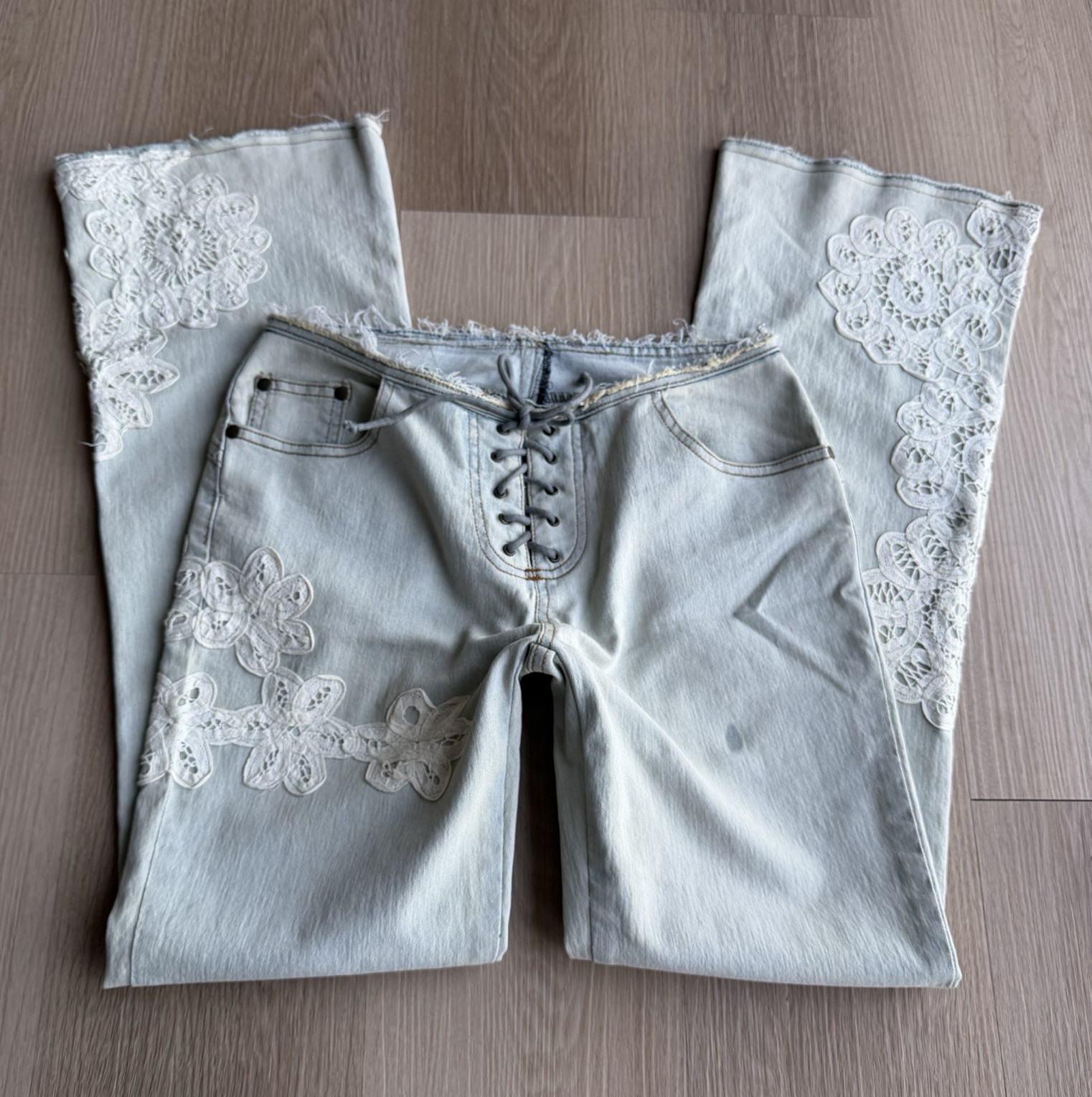 Women’s Light Wash Flared Lace-Up Denim Jeans Blue Lace Accents Size S