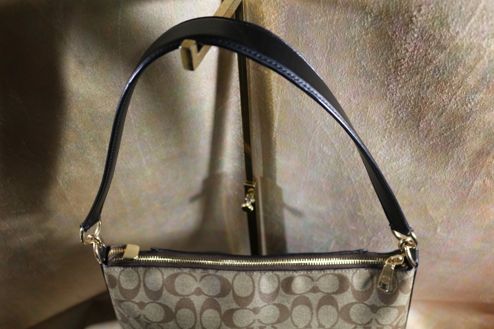 COACH SLIMLINE SIGNATURE C, LT & DK BROWN, BLACK ACCENTS, TWO SIDE ZIPPERS