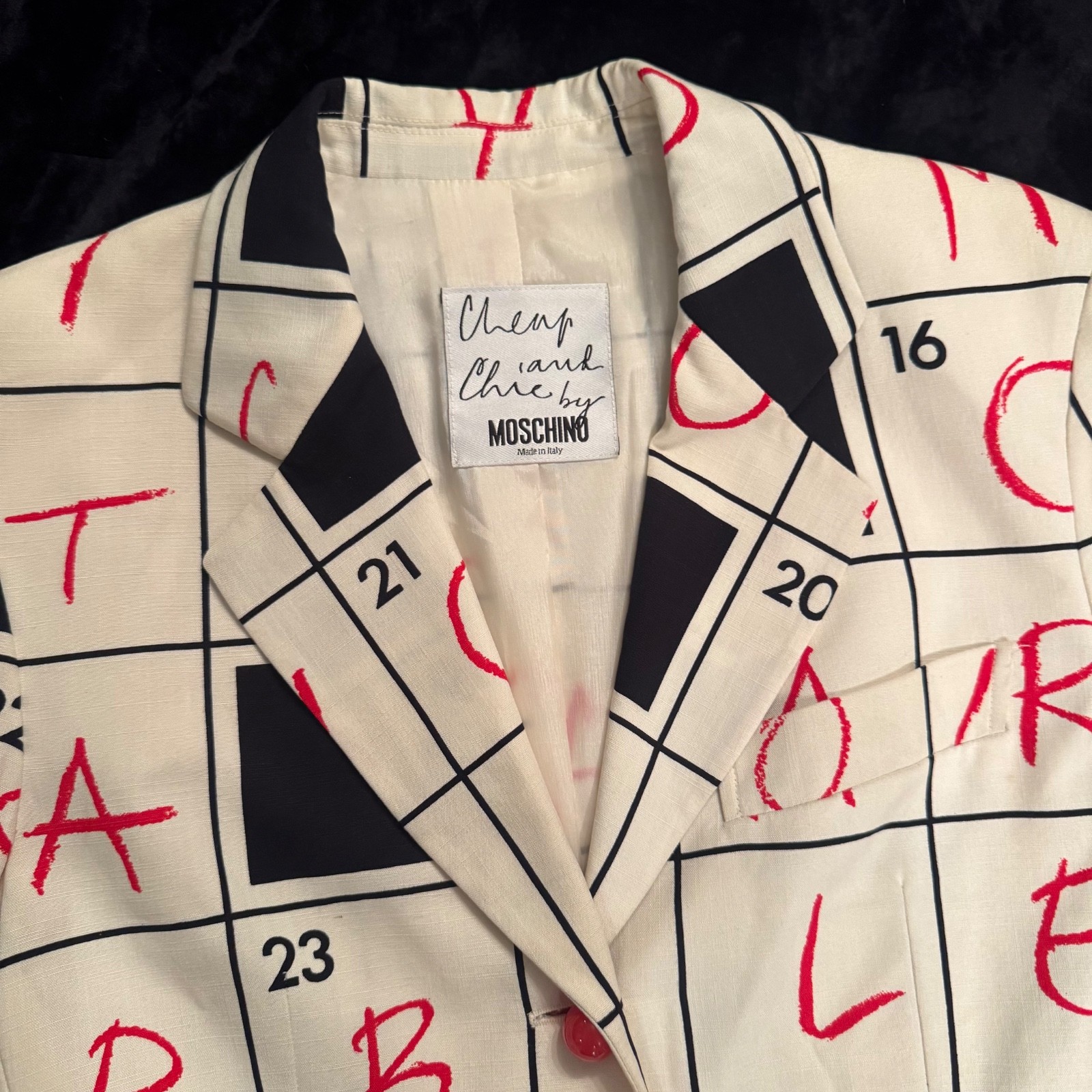 90s Moschino Cheap and Chic Crossword Print Blazer Womens 12 Spiral Buttons