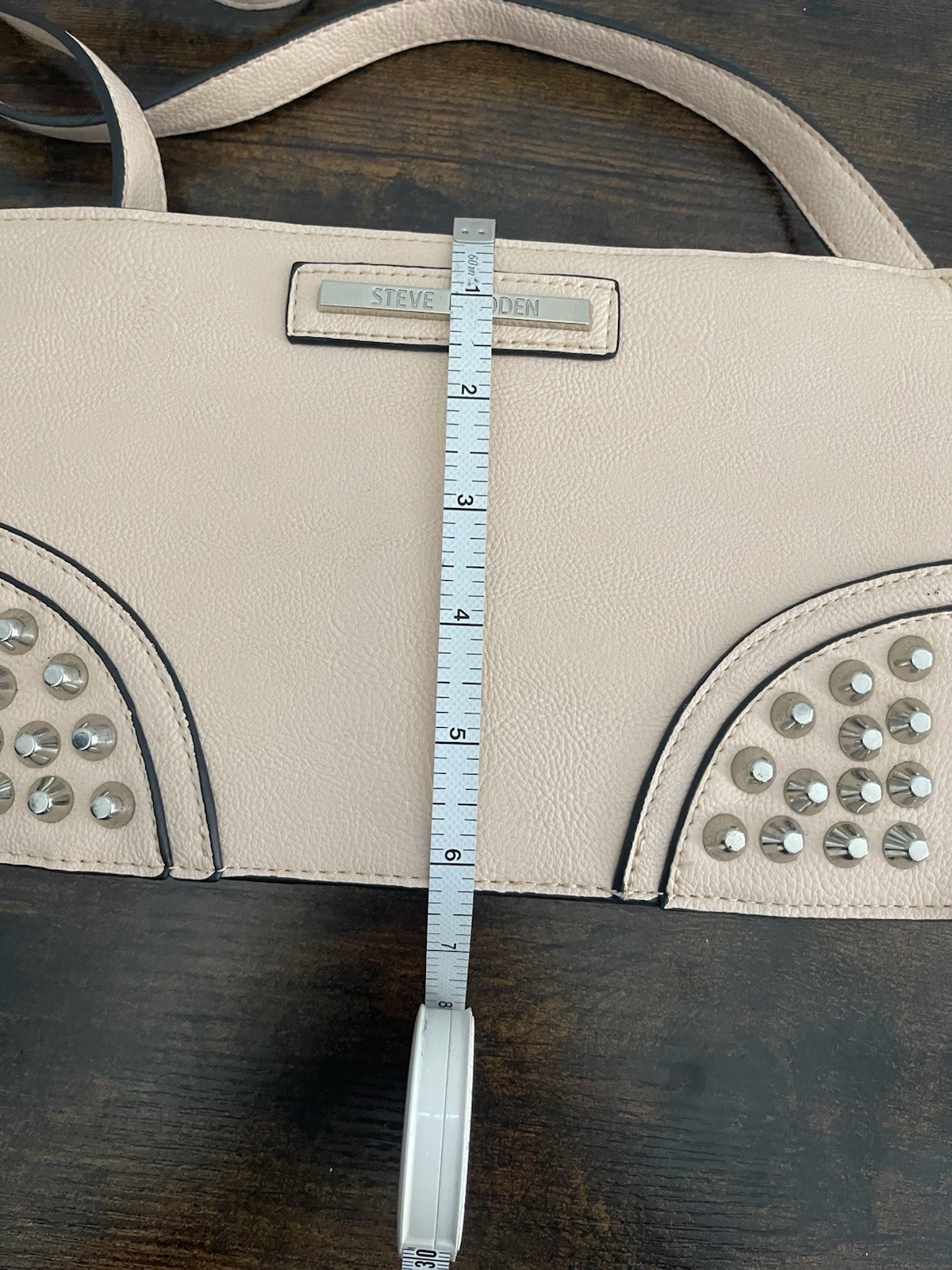 Steve Madden Beige Studded Crossbody Bag Zip Top Chain Strap Silver Small