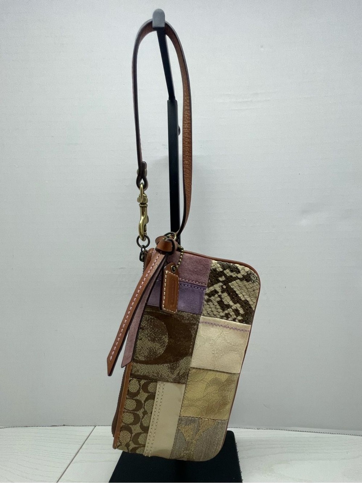 Coach Patchwork Signature Wristlet Brown Multi Snakeskin, Pink/Purple Suede