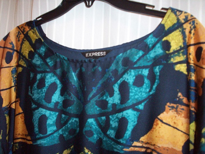 EXPRESS Butterfly Print Satin Flutter Sleeve Blouson Navy Blue XS Mini Dress EUC