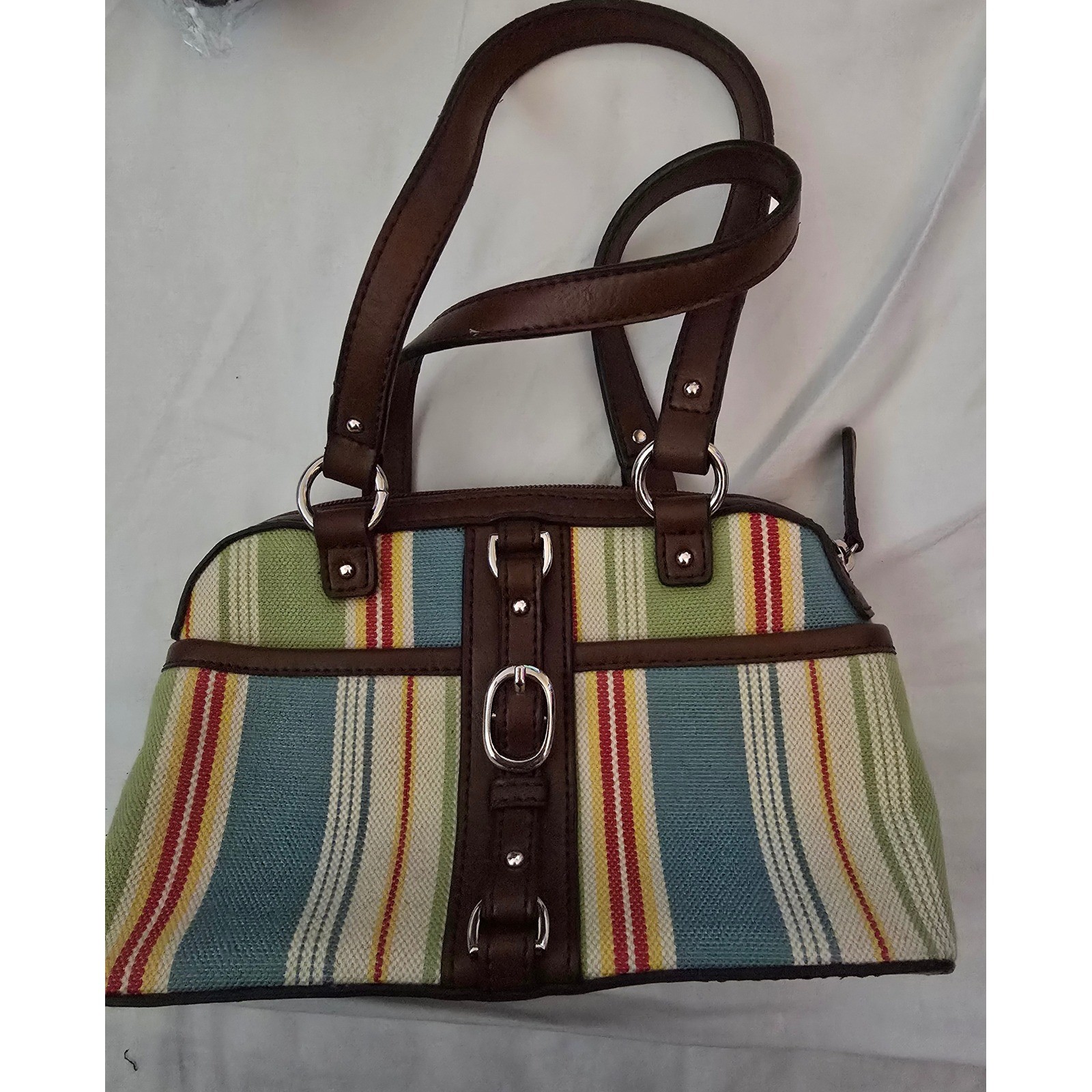 Etienne Aigner Striped Canvas Mini Bag Brown Trim Multi Color Buckle Detail