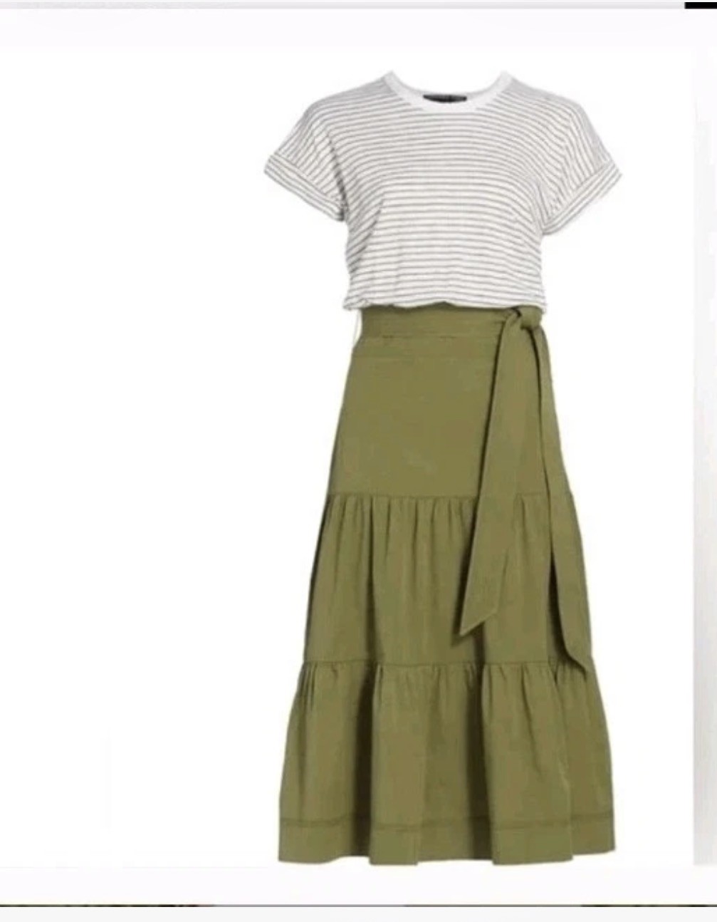 Veronica Beard Size Large Green White Striped Tiered Midi Dress 100% Pima Cotton