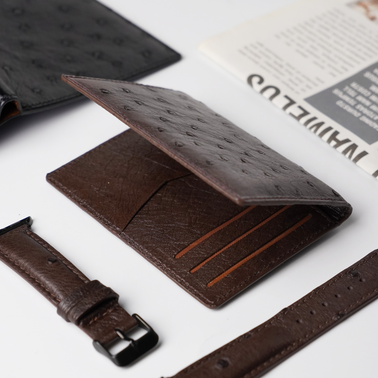 Brown Real Ostrich Skin Leather Credit Card Holder Mini Bifold Wallet RFID Block